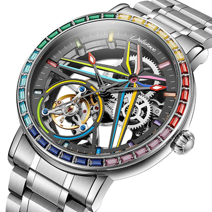 Montre squelette pour homme, style mode, ornée de pierres précieuses aux couleurs de l'arc-en-ciel, dotée d'un tourbillon; montre mécanique automatique de luxe, étanche jusqu'à 30 mètres.