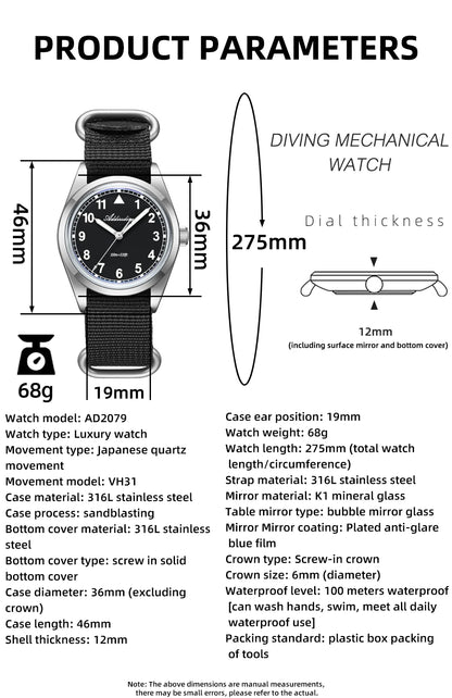 ADDIESDIVE luxus kvarc karóra férfiaknak, új, 36 mm-es, AR-bevonatú buboréküveggel, AD2079, világító, 100 m-es vízállóság, rozsdamentes acél, férfi ajándék