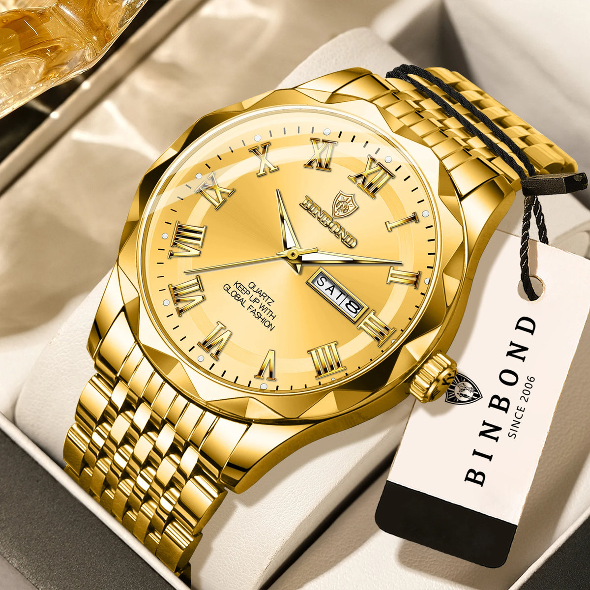 BINBOND Original Brand luxury quartz wristwatch for men, luminous, water-resistant, automatic date, day-of-the-week display, casual style.