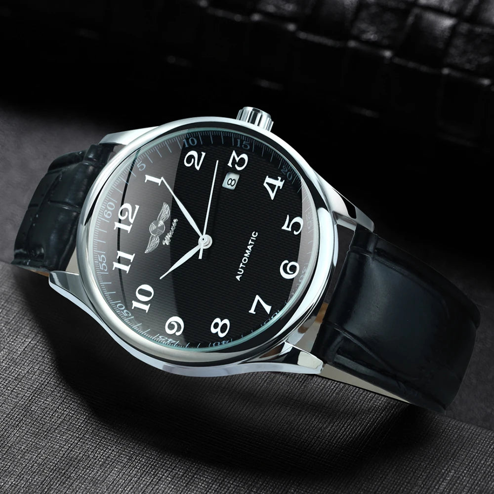 Montre classique pour homme – Style rétro avec calendrier et aiguilles bleues, mouvement mécanique automatique, marque de prestige, boîtier en acier et bracelet en cuir