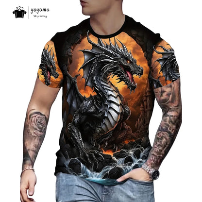 Herren-T-Shirt mit Drachenmuster, kurzärmeliges Fashion-Streetwear-Shirt, Rundhals-Top mit trendigem 3D-Tierprint, locker und vielseitig, Herrenbekleidung