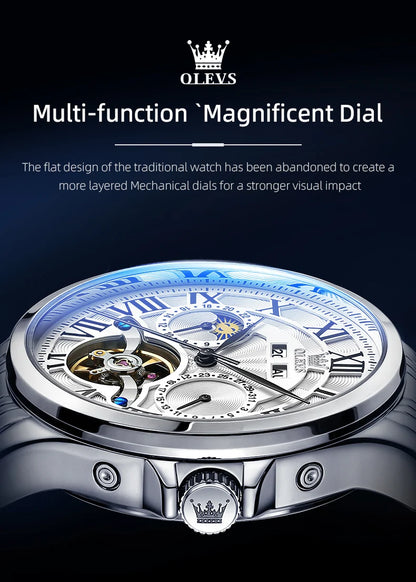 OLEVS 7013 Men’s Automatic Mechanical Watch Moon Phase, Roman Numeral Dial, Skeleton Flywheel, Luminous & 30M Waterproof