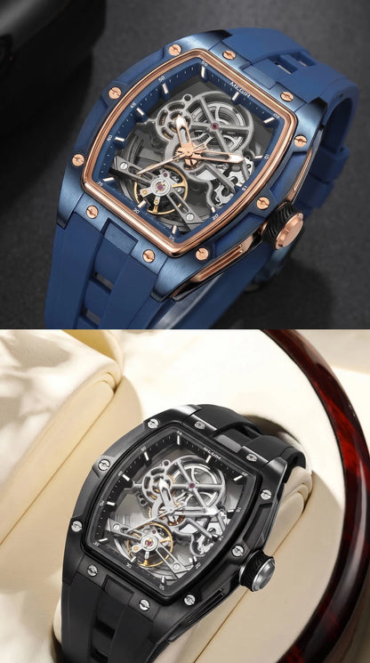 MEGIR mechanisch herenhorloge, tonvormig, opengewerkte skeletwijzerplaat, sportieve stijl, siliconen band, luxe automatisch horloge