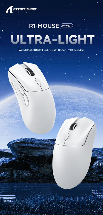 Attack Shark R1 2.4G USB Wireless Bluetooth Gaming Mouse 18K DPI PAW3311 Tri-Mode Connectivity 59g Lightweight For PC Laptop Mac