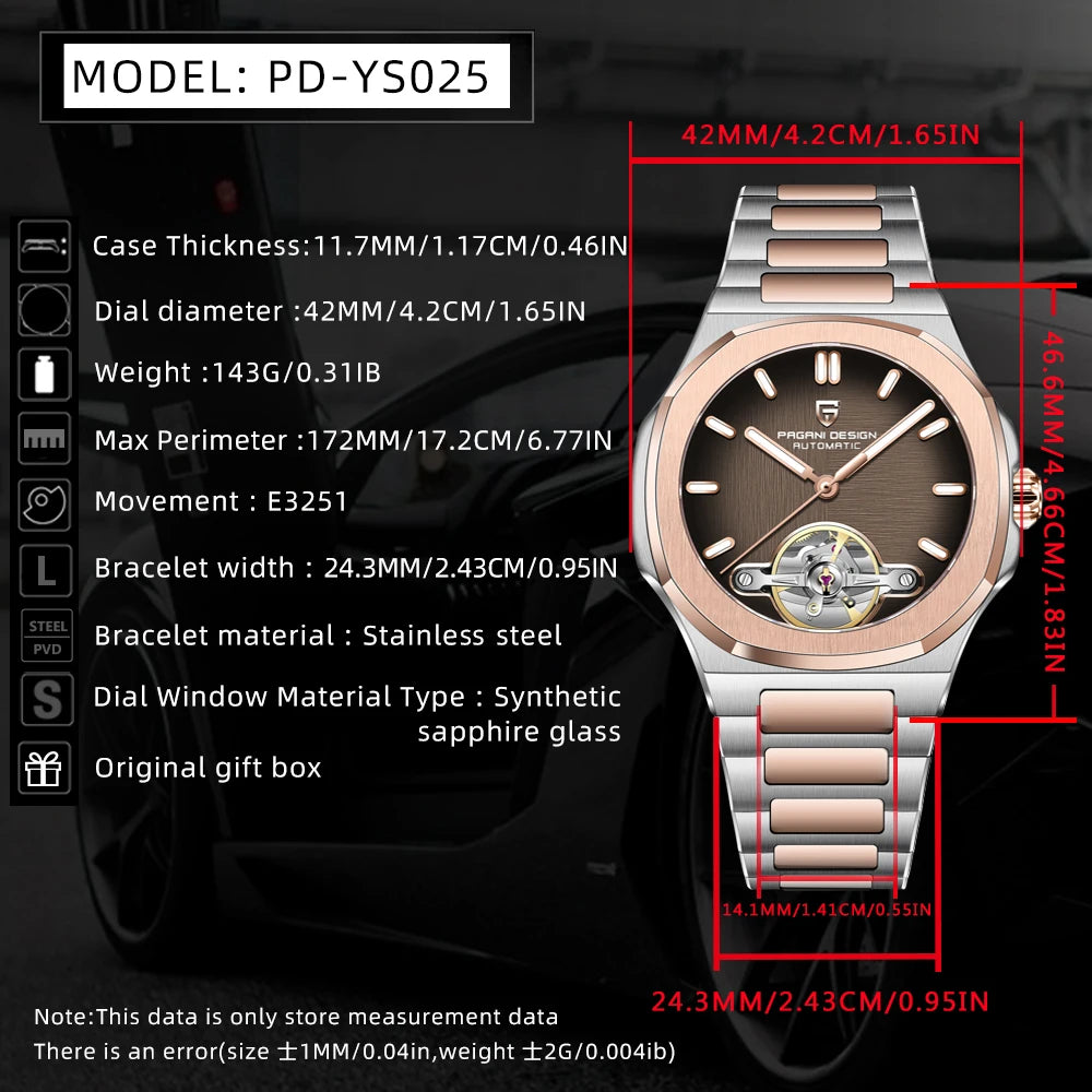 2025 New PAGANI DESIGN Rose Gold Men's Watches Tourbillon Mechanical Wristwatches Luxury Automatic Watch Men AR Sapphire Mirror