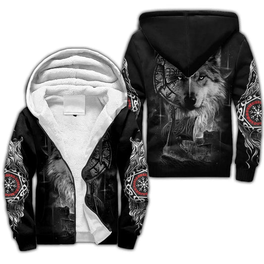 Odin Rabe Fenrir Wolf Tattoo 3D-gedruckter Winter-Hoodie für Herren, dicker Kapuzenpullover mit Reißverschluss, Unisex, lässiger Kapuzen-Trainingsanzug, warme Fleecejacke KD18