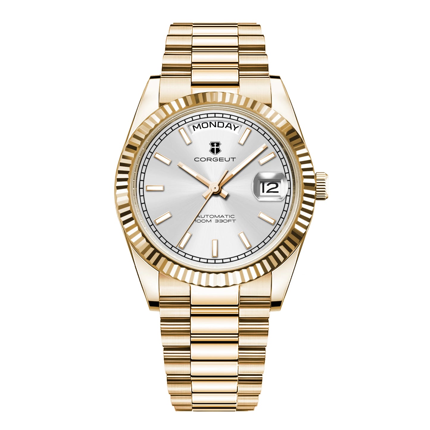 Reloj mecánico CORGEUT NH36 para hombre con indicador de día y fecha, brazalete President, caja de acero, bisel arqueado roscado, waterp