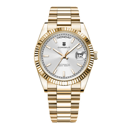 Reloj mecánico CORGEUT NH36 para hombre con indicador de día y fecha, brazalete President, caja de acero, bisel arqueado roscado, waterp