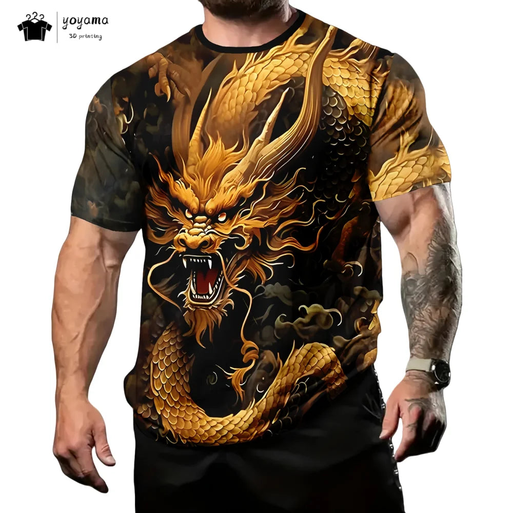 Herren-T-Shirt mit Drachenmuster, kurzärmeliges Fashion-Streetwear-Shirt, Rundhals-Top mit trendigem 3D-Tierprint, locker und vielseitig, Herrenbekleidung