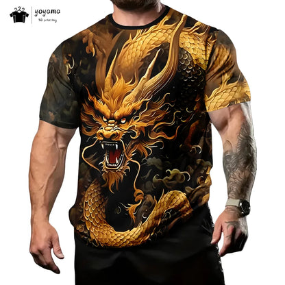 Herren-T-Shirt mit Drachenmuster, kurzärmeliges Fashion-Streetwear-Shirt, Rundhals-Top mit trendigem 3D-Tierprint, locker und vielseitig, Herrenbekleidung