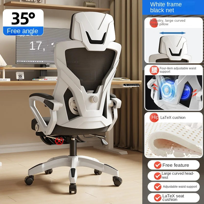 Ergonomisk lænesæde, komfortabel kontorstol, computerstol til hjemmet, studiekollegie, gamingstol med fodstøtte