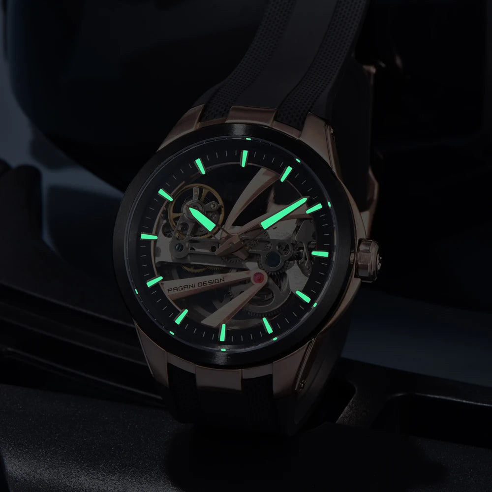 Herrenuhr PAGANI DESIGN – Mechanisches Automatik-Luxusmodell, durchbrochenes Zifferblatt, Saphirglas mit Antireflexbeschichtung, wasserdicht, leuchtende Zeiger – Geschenkidee für Herren