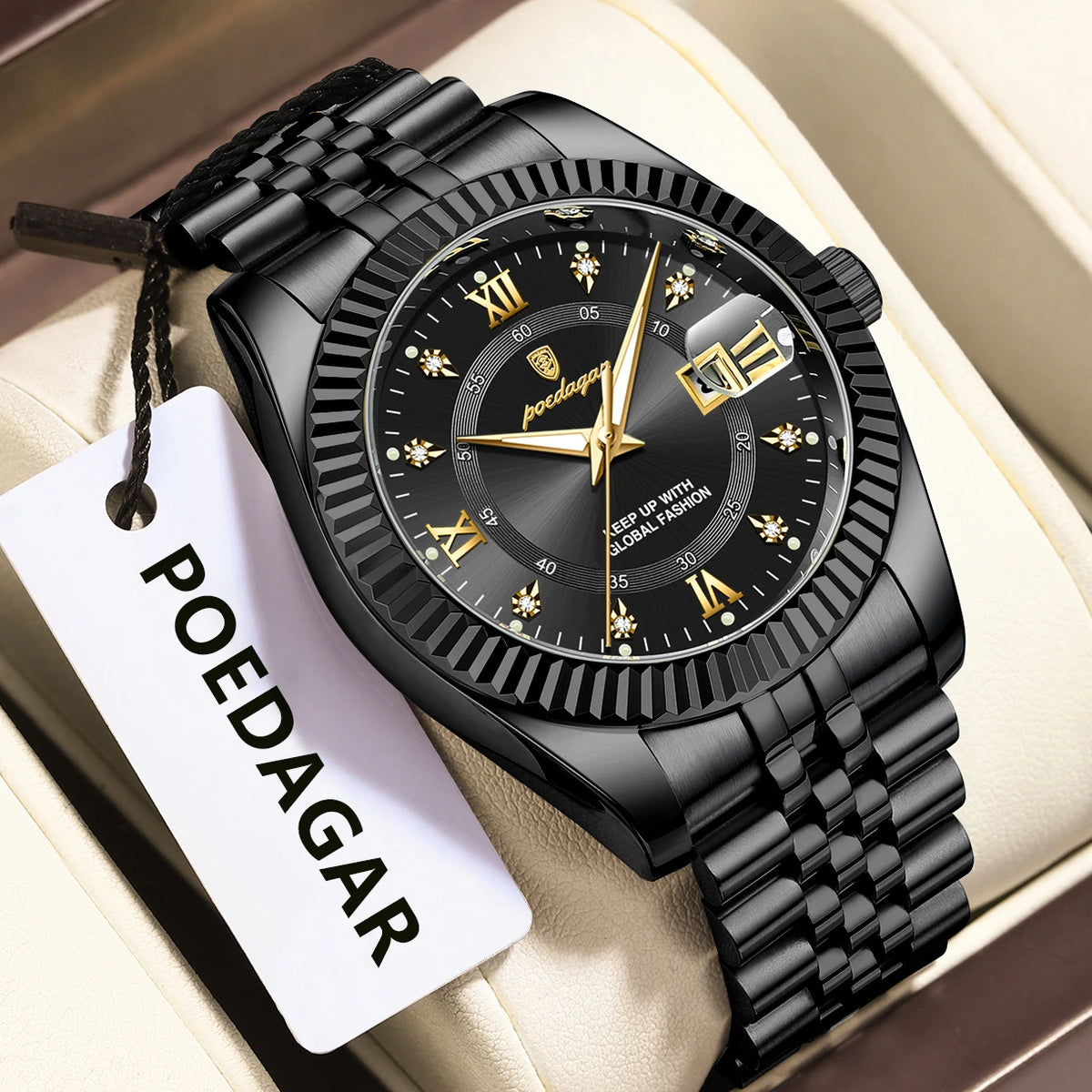 POEDAGAR men’s watch – Luxury model, water-resistant, stainless steel, with luminescent display, military style, date function, quartz movement, ideal for work or professional occasions.