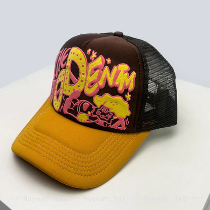 Șepci de baseball unisex interesante, cu litere imprimate 3D, cu parasolar, cu motive de desene animate, respirabile, cu blocuri de culori, șepci de camionagiu din plasă, versatile