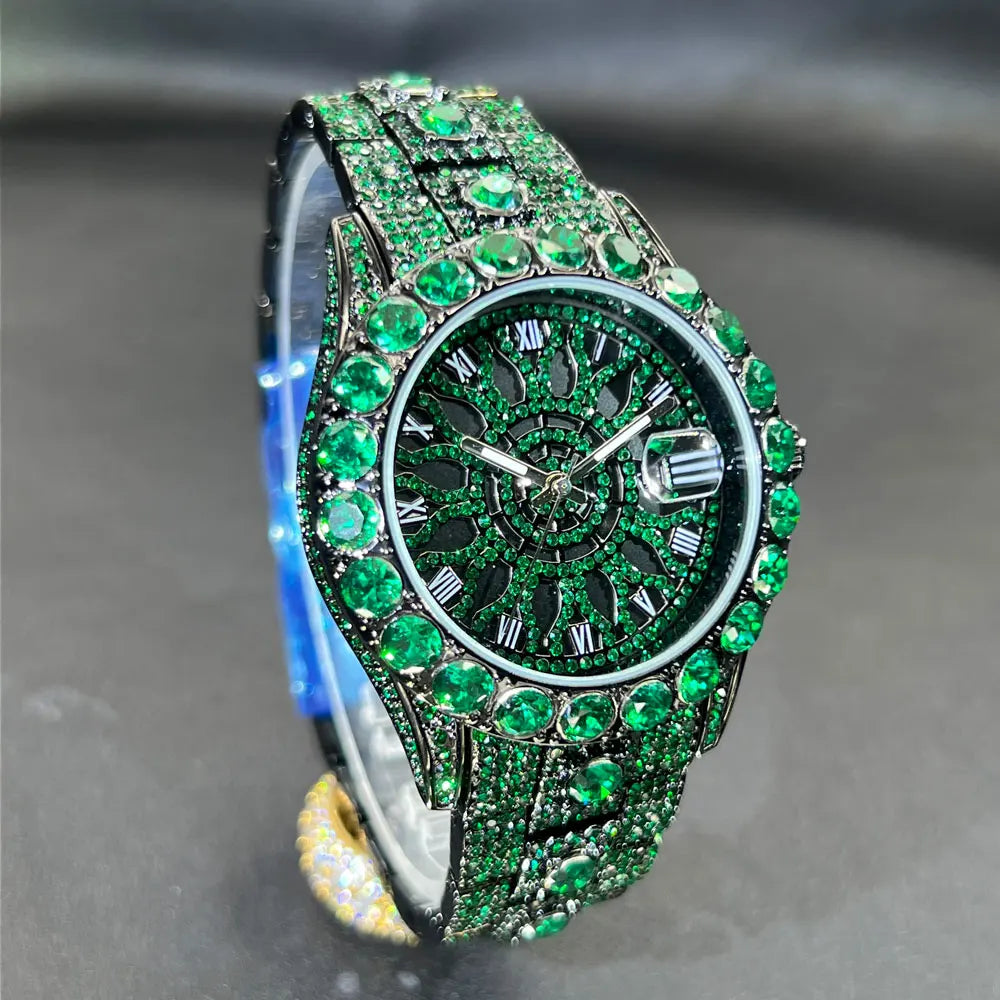 MISSFOX Fashion lced Out Silver Mens Watch Luxury Calendar Waterproof Watch For Man Hip Hop High Quality Big Diamond Wristwatch