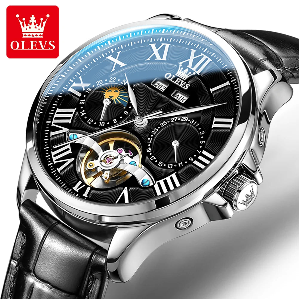 OLEVS 7013 Men’s Automatic Mechanical Watch Moon Phase, Roman Numeral Dial, Skeleton Flywheel, Luminous & 30M Waterproof