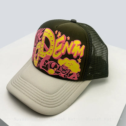 Șepci de baseball unisex interesante, cu litere imprimate 3D, cu parasolar, cu motive de desene animate, respirabile, cu blocuri de culori, șepci de camionagiu din plasă, versatile