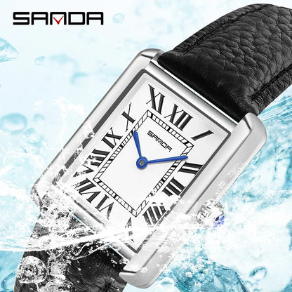 SANDA New Couple Tank Watches Wear Resistant Leather Strap Luxury Square Dial Waterproof Sports Casual Men Women Quartz Watches