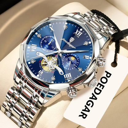 Relógio de pulso de luxo original POEDAGAR para homem, estanque, cronógrafo luminoso, relógio de pulso de aço inoxidável com movimento de quartzo, relógios de gama alta para homem