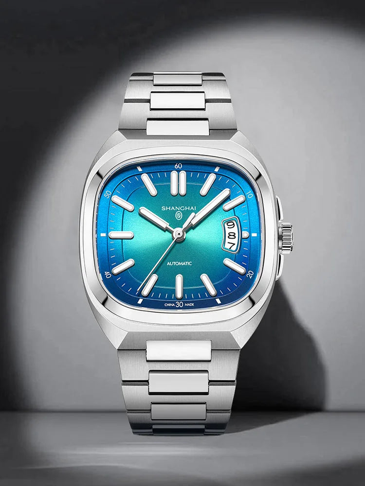 Shanghai Watch automatikus mechanikus, négyzet alakú számlapos férfi karóra, világító, 50 m-ig vízálló, dátumkijelzős, alkalmi karóra SH018