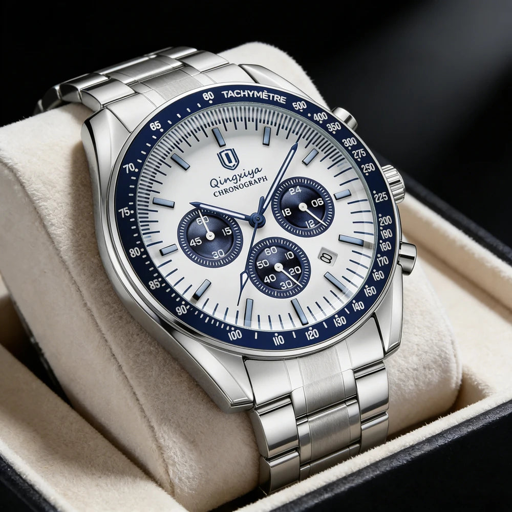 Montre à quartz pour homme, de marque de luxe, étanche et luminescente, en acier inoxydable, dotée d'un chronographe 24 heures et d'un affichage de la date – Montre élégante pour homme