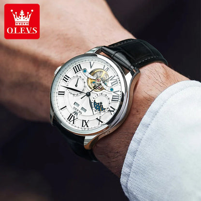 OLEVS 7013 Men’s Automatic Mechanical Watch Moon Phase, Roman Numeral Dial, Skeleton Flywheel, Luminous & 30M Waterproof