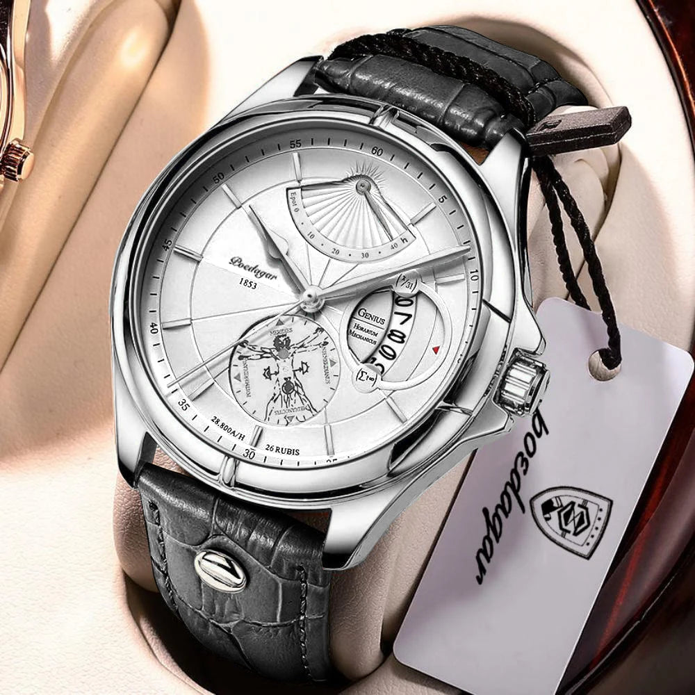 POEDAGAR men’s quartz wristwatch – Business style, luxury, water-resistant, luminous, with date display and leather strap – Elegant men’s watch