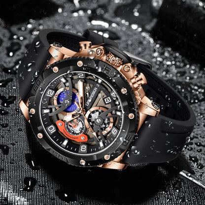 Montre pour homme LIGE Sports – Chronographe de luxe, bracelet en silicone, petits cadrans fonctionnels, mouvement à quartz, étanche et luminescente