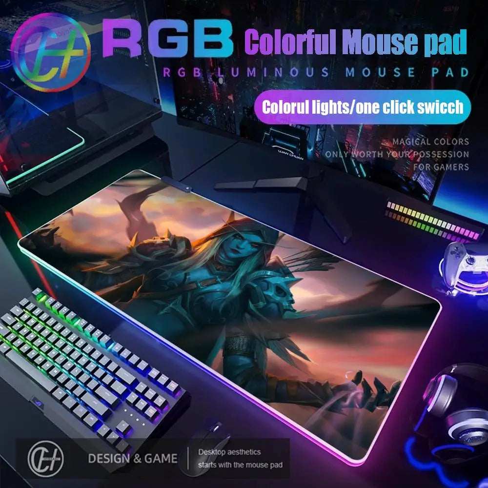 World of Warcraft Sylvanas Mouse Pad RGB Gaming Mouse Pad Desk Mat HD Gamer Large LED Light XXL MousePads PC Computer Carpet