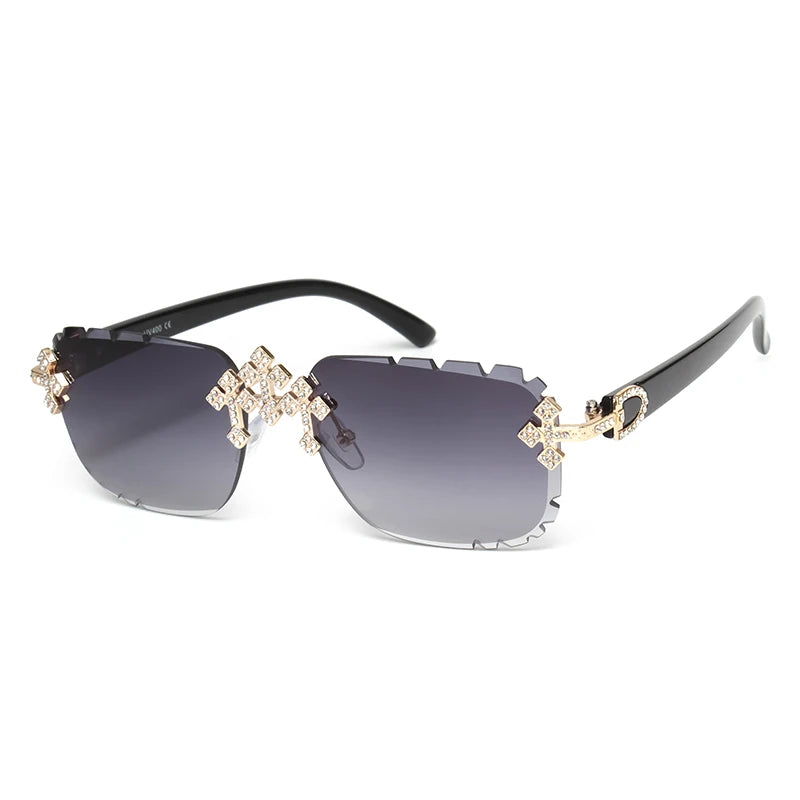 2025 Fashion Square Rimless Sunglasses For Women Cross Diamond Metal Frame Luxury Eyewear Cut Lens UV400 Shades Sun Glasses