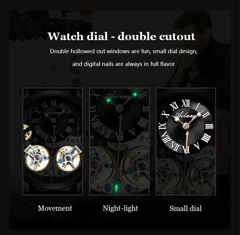 AILANG watch men's advanced expensive automatic mechanical watch Rome double tourbillon waterproof watch.