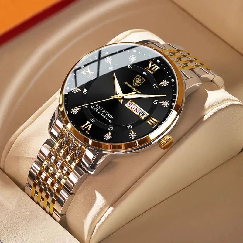 Relógio de pulso masculino POEDAGAR Business Quartz, aço inoxidável, resistente à água, data iluminada, relógio de pulso de luxo casual para homem