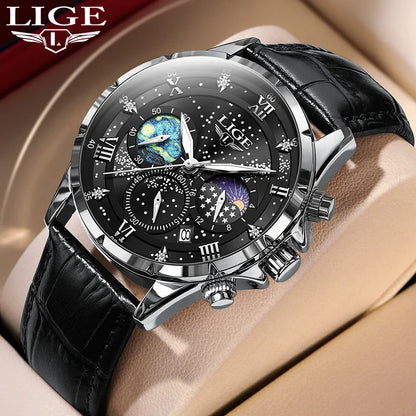 Montre pour homme LIGE – Montre à quartz de luxe, style décontracté, bracelet en cuir, idéale pour le travail ou le sport, étanche, avec date et chronographe.