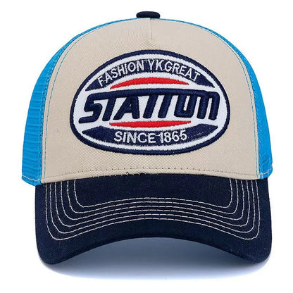 Naujo stiliaus unisex beisbolo kepuraitė Classic STATION su raidžių raštu ir tinkleliu vyrams ir moterims, pralaidi orui, gatvės stiliaus vasarinė sunkvežimio vairuotojo kepuraitė