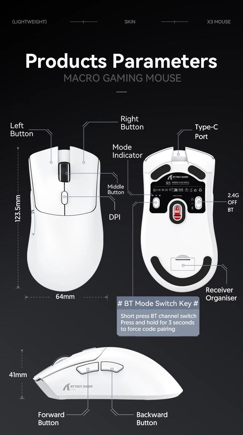 Mysz Bluetooth ATTACK SHARK R1 – viralowa mysz recenzowana przez influencerów, oryginalna prosto od marki, sensor PAW3311 z 1K Hz do gamingu