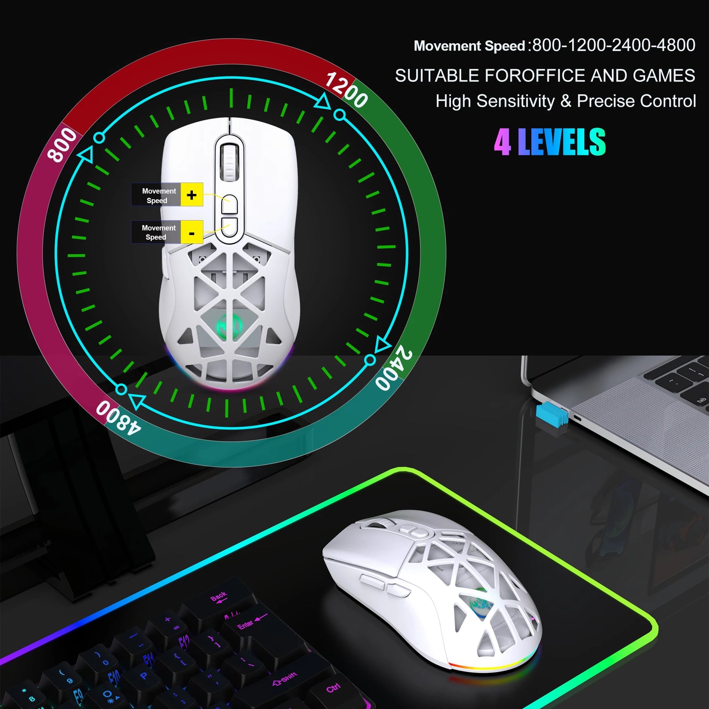 HXSJ T26 Dual Mode Gaming Mouse 2.4G+BT5.1 Wireless Mouse Gaming for Laptop 4800DPI Adjustable Ergonomic Optical Computer Gamer