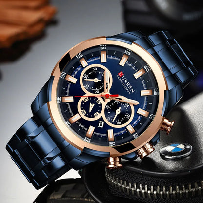 CURREN men’s chronograph watch, large 48 mm dial, stainless steel bracelet, three sub-dials, quartz sports wristwatch, luxurious style