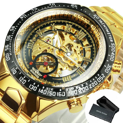 WINNER men’s automatic watch – Transparent skeletonised model, luminescent hands, stainless steel bracelet, luxury brand mechanical watch