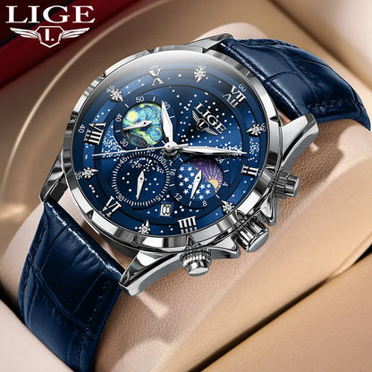 Montre pour homme LIGE – Montre à quartz de luxe, style décontracté, bracelet en cuir, idéale pour le travail ou le sport, étanche, avec date et chronographe.