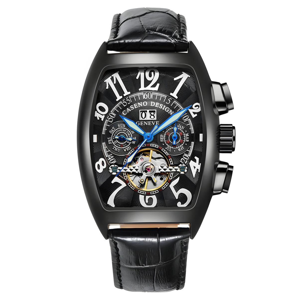CASENO csúcsminőségű luxusmárka férfi teljesen automatikus mechanikus tourbillon karóra naptárral, éjszakai világítással, tonneau alakú, áttört karóra -577G