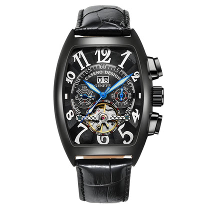 CASENO csúcsminőségű luxusmárka férfi teljesen automatikus mechanikus tourbillon karóra naptárral, éjszakai világítással, tonneau alakú, áttört karóra -577G