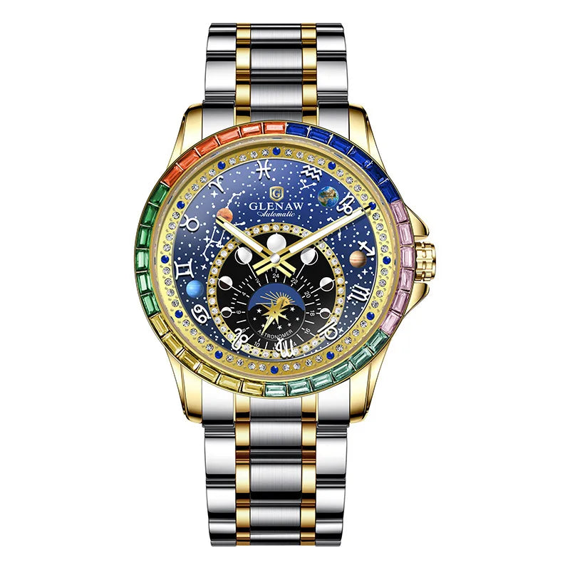 GLENAW Watches Original Design Diamond Constellation Rotating Dial Stainless Steel Luxury Men's Automatic Mechanical Watch P8719