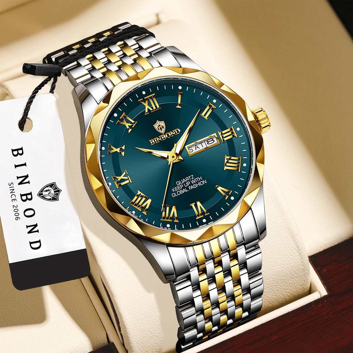 BINBOND Original Brand luxury quartz wristwatch for men, luminous, water-resistant, automatic date, day-of-the-week display, casual style.