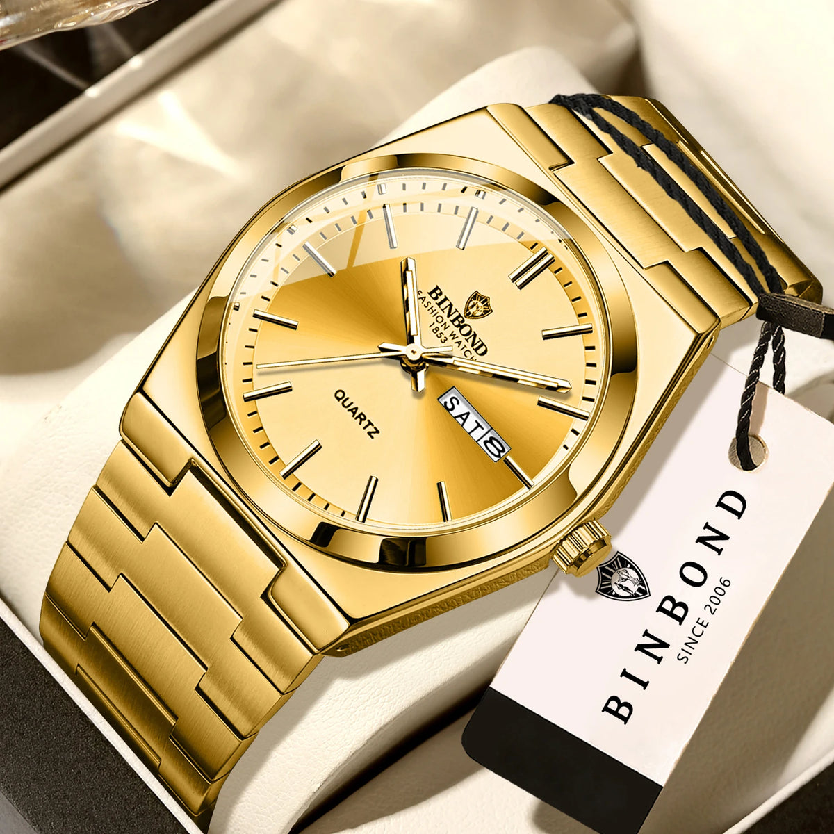 BINBOND luxury quartz wristwatch, luminous, water-resistant, day of the week, automatic date, steel bracelet, business, sport, fashion and casual styles.