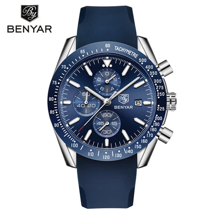 Montres de luxe pour hommes BENYAR – Montres-bracelets à quartz avec bracelet en cuir, étanches jusqu'à 30 m, style sportif.