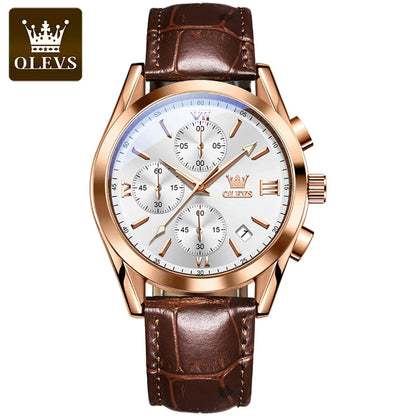 Relógio de pulso cronógrafo para homem OLEVS 2872 – Pulseira em pele, resistente à água, ponteiros luminescentes, movimento de quartzo, estilo desportivo de luxo