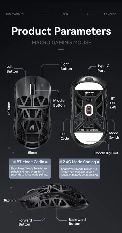 Attack Shark R2 Ασύρματο Gaming Mouse PAW3950 8K από ελαφρύ κράμα μαγνησίου, Bluetooth Tri-Mode για gaming/γραφείο