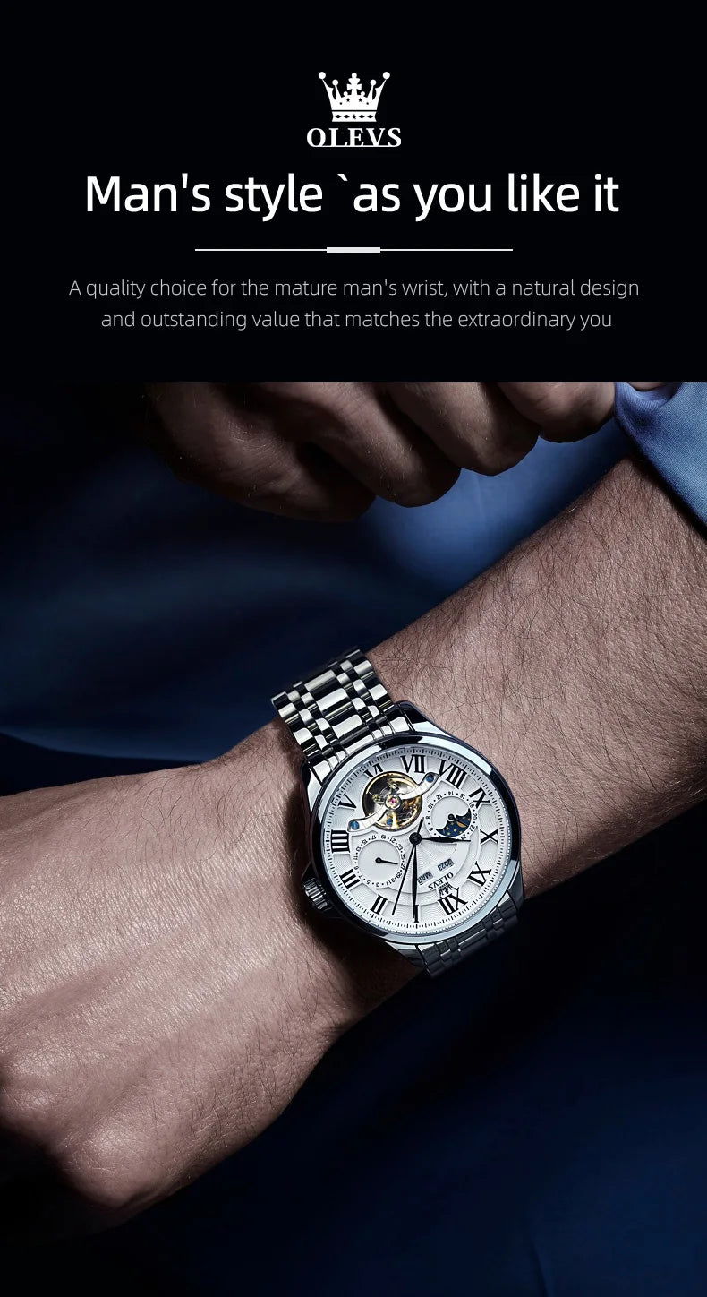 OLEVS 7013 Men’s Automatic Mechanical Watch Moon Phase, Roman Numeral Dial, Skeleton Flywheel, Luminous & 30M Waterproof