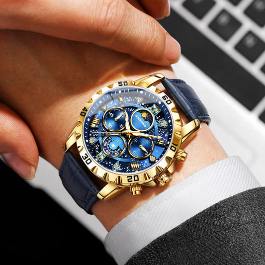 Orologio da polso al quarzo BINBOND, autentico e preciso, da uomo, cronografo di lusso illuminato e impermeabile con cinturino in pelle.