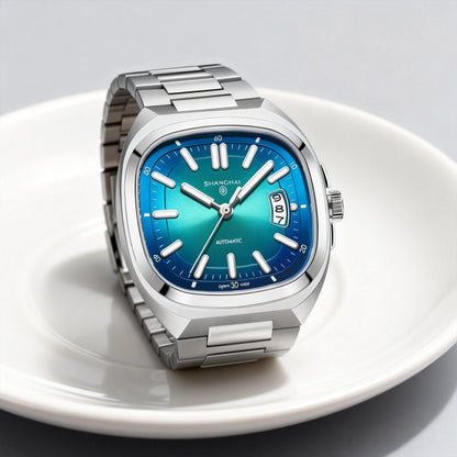 Shanghai Watch automatikus mechanikus, négyzet alakú számlapos férfi karóra, világító, 50 m-ig vízálló, dátumkijelzős, alkalmi karóra SH018